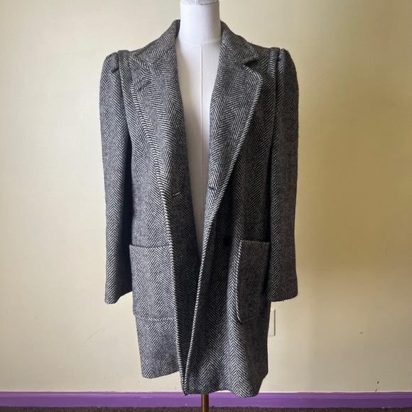 Herringbone Wool Coat Womens 13/14 Gray Black Double Breasted Vintage - Picture 7 of 8
